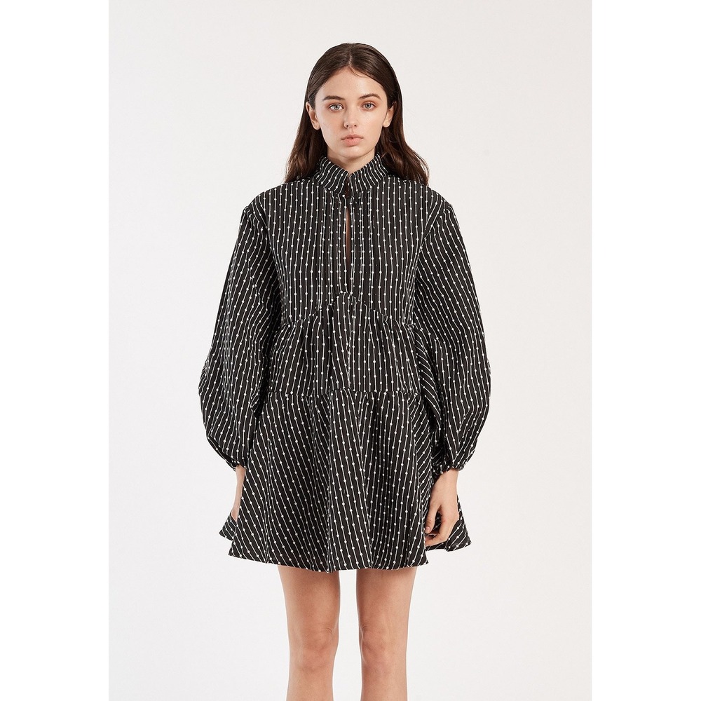 C/MEO COLLECTIVE Dress Even Love Tiered Balloon Sleeve Black‎ M Boho Mini NWT